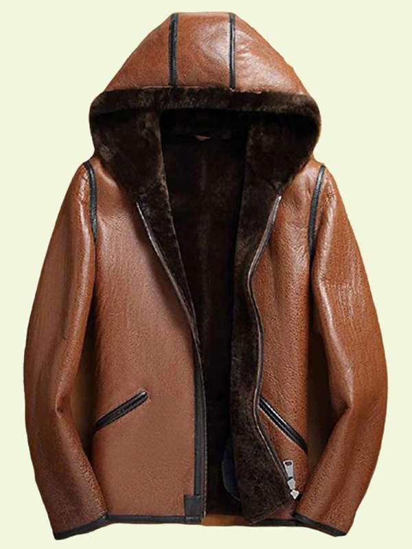 Brown Leather Hooded Jacket For Men's
