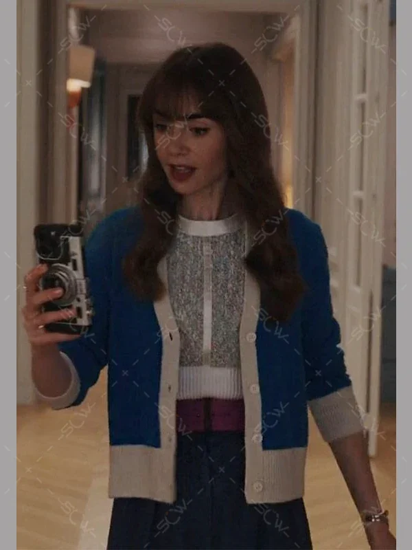 Emily In Paris S03 Lily Collins Blue Cardigan