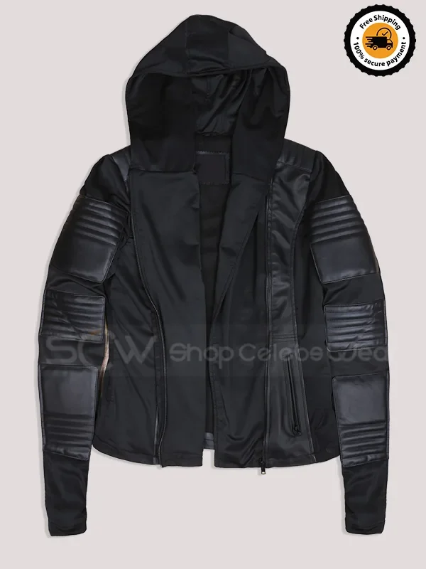 Hooded Moto Black Leather Jacket Women Front
