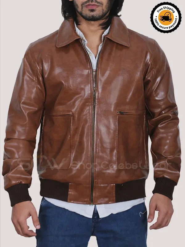 Mens Distressed Leather Bomber Jacket Front