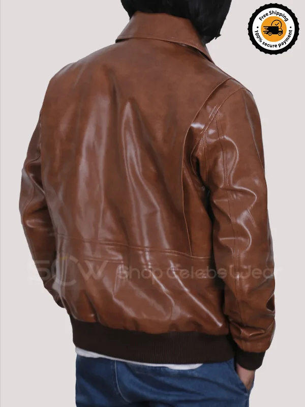 Mens Distressed Leather Bomber Jacket Side Pose