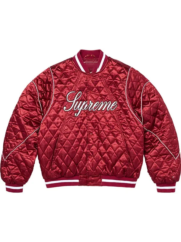 Red quilted satin varsity jacket