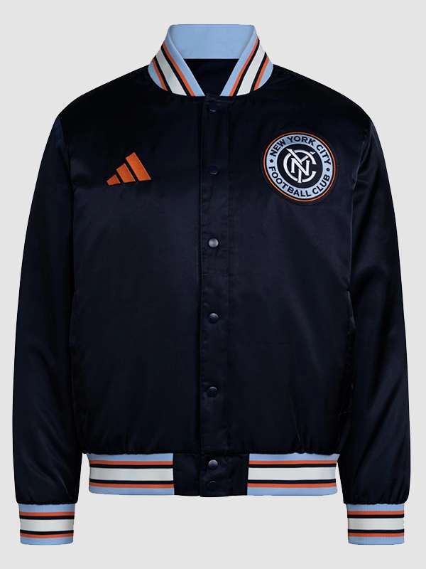 New York City Adidas 2026 Coaches Satin Jacket in Navy Blue