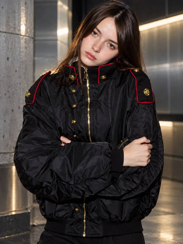 Band Military Style Bomber Black Jacket