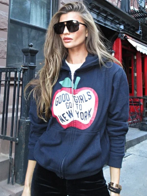 Good American Navy Good Girls Go To New York Zip Up Hoodie