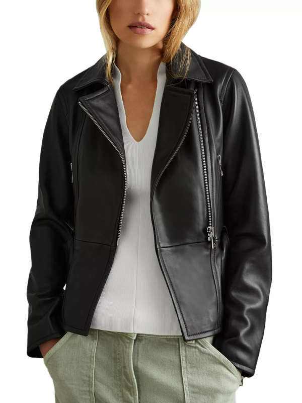 Reiss Febe Belted Leather Moto Jacket Black