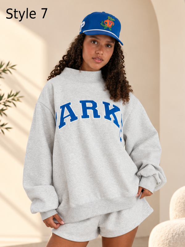 Retro Vintage Denim Varsity Sweatshirt with Mockneck Collar